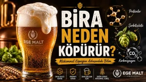 Bira köpüğünün oluşumu, malt proteinleri, şerbetçiotu ve karbonizasyon ilişkisini gösteren görsel